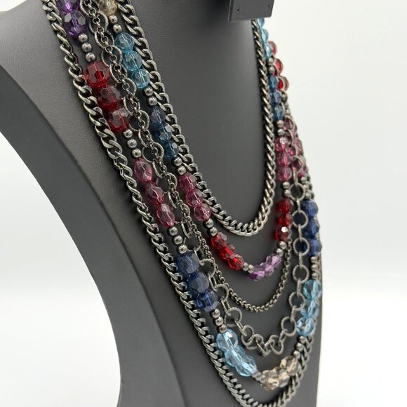 Multicolor Beaded Chain Layered Necklace Statement Aqua Purple Blue Adjustable - Picture 3 of 9